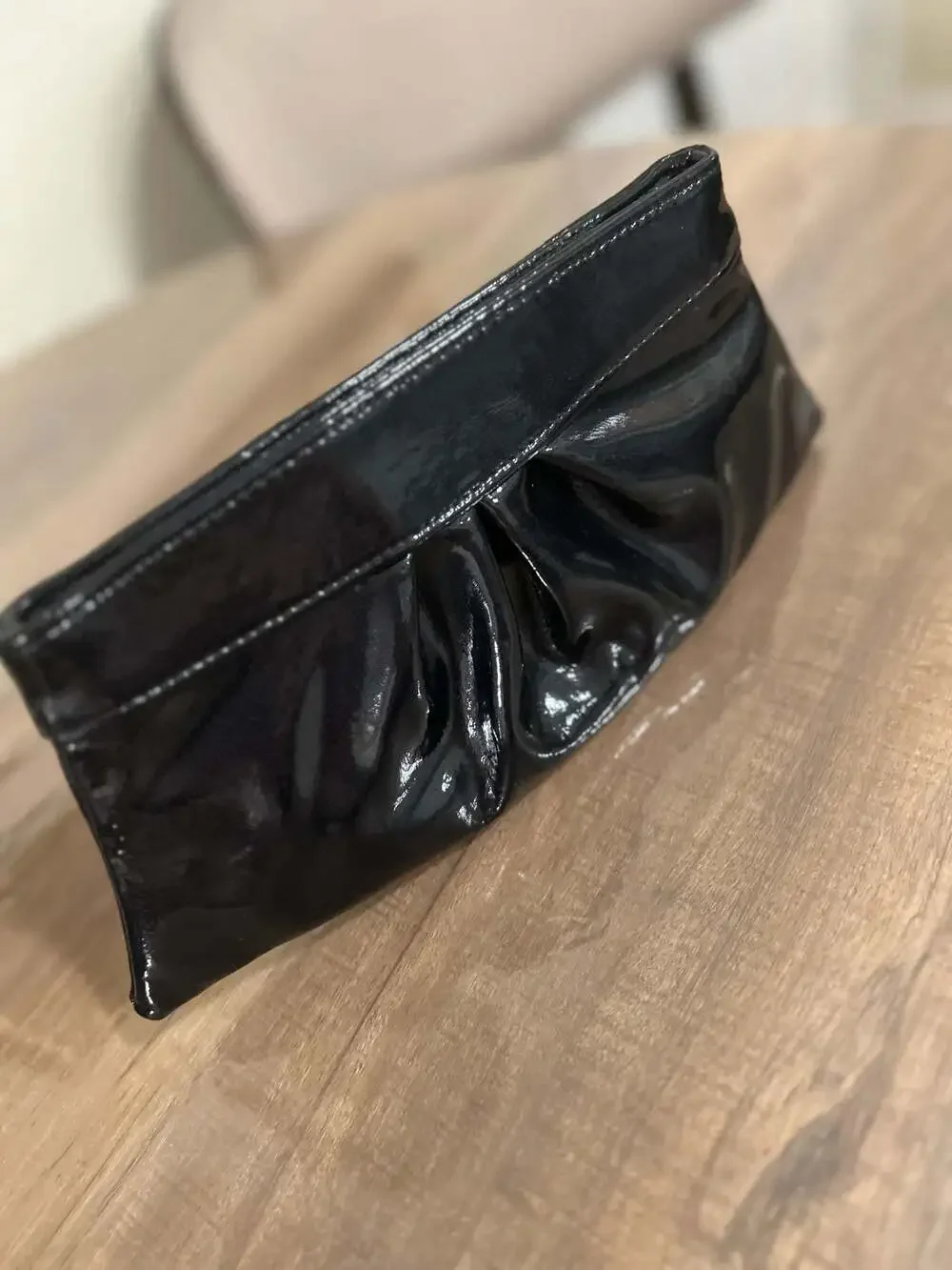 Lauren Merkin Black Patent Leather Pleated Evening Clutch Handbag